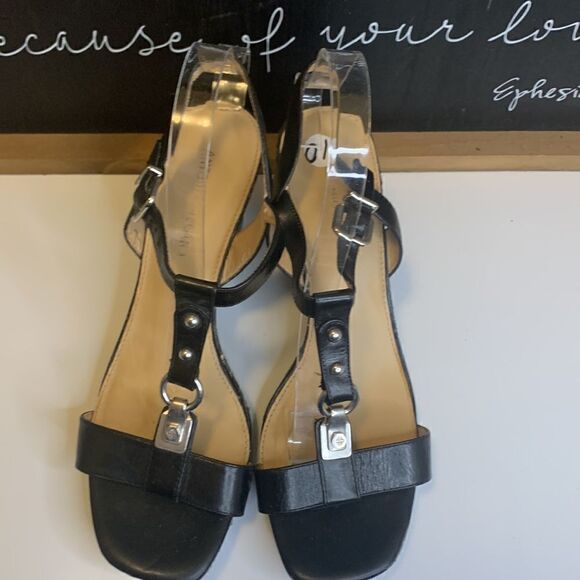 Antonio Melani Black Suede Slingback T-Strap Cork Wedge Heels - 10M - Picture 3 of 12